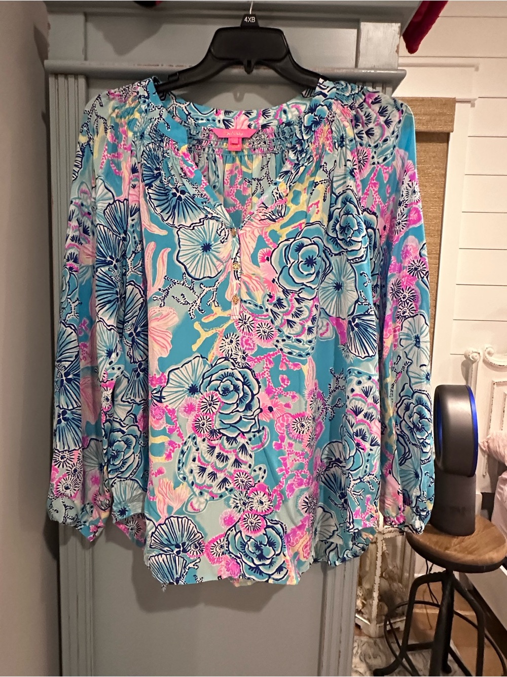 Lilly Pulitzer Turquoise Pink Floral Henley Tunic Size XL